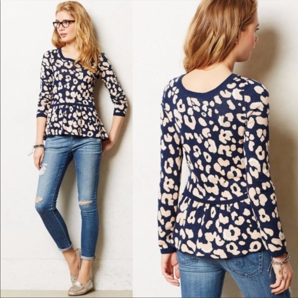 Anthropologie Moth Leopard Print Peplum Sweater